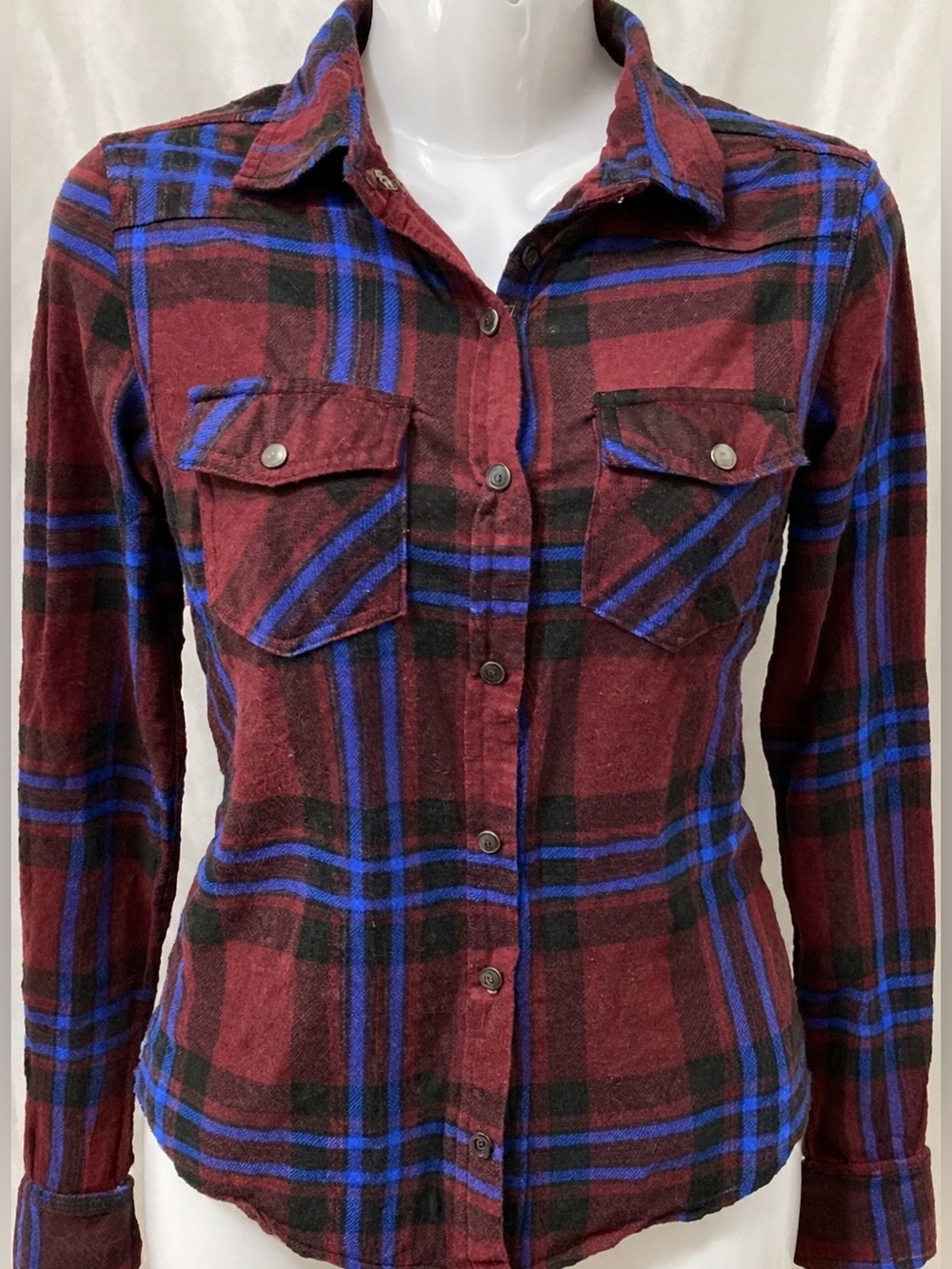 Passport Plaid Flannel Shirt Burgundy Blue Snap Button XS